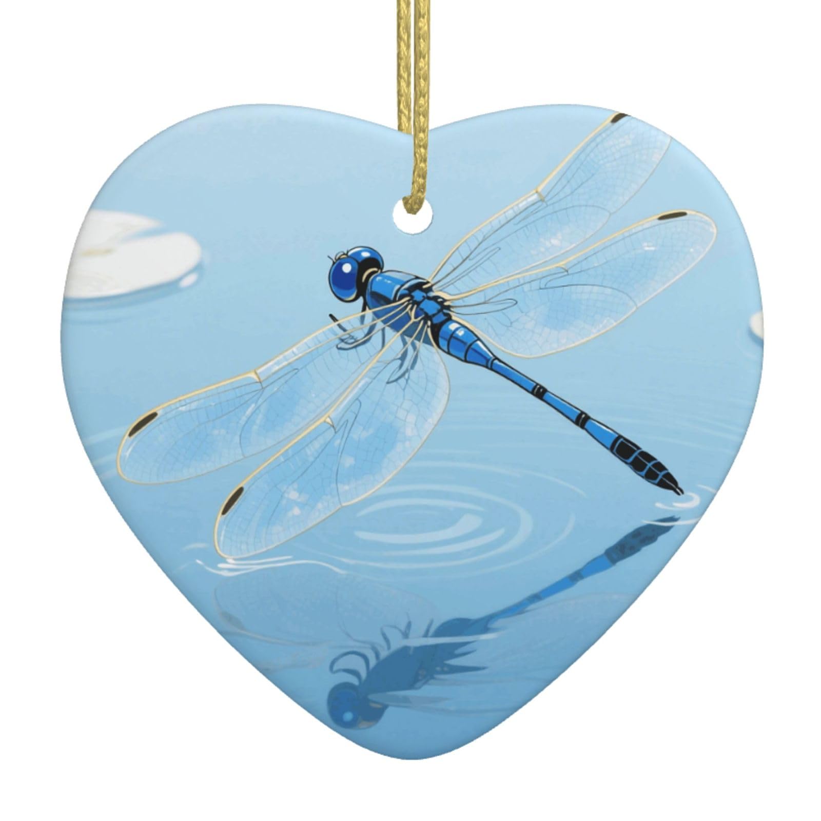 Blue Vintage Dragonfly Christmas Ornament 2025 Heart Ceramic Hanging Ornaments for Home Decor Christmas Decorations with Gold Rope Double-Sided Xmas Tree Ceramic Hanging for Holiday Party