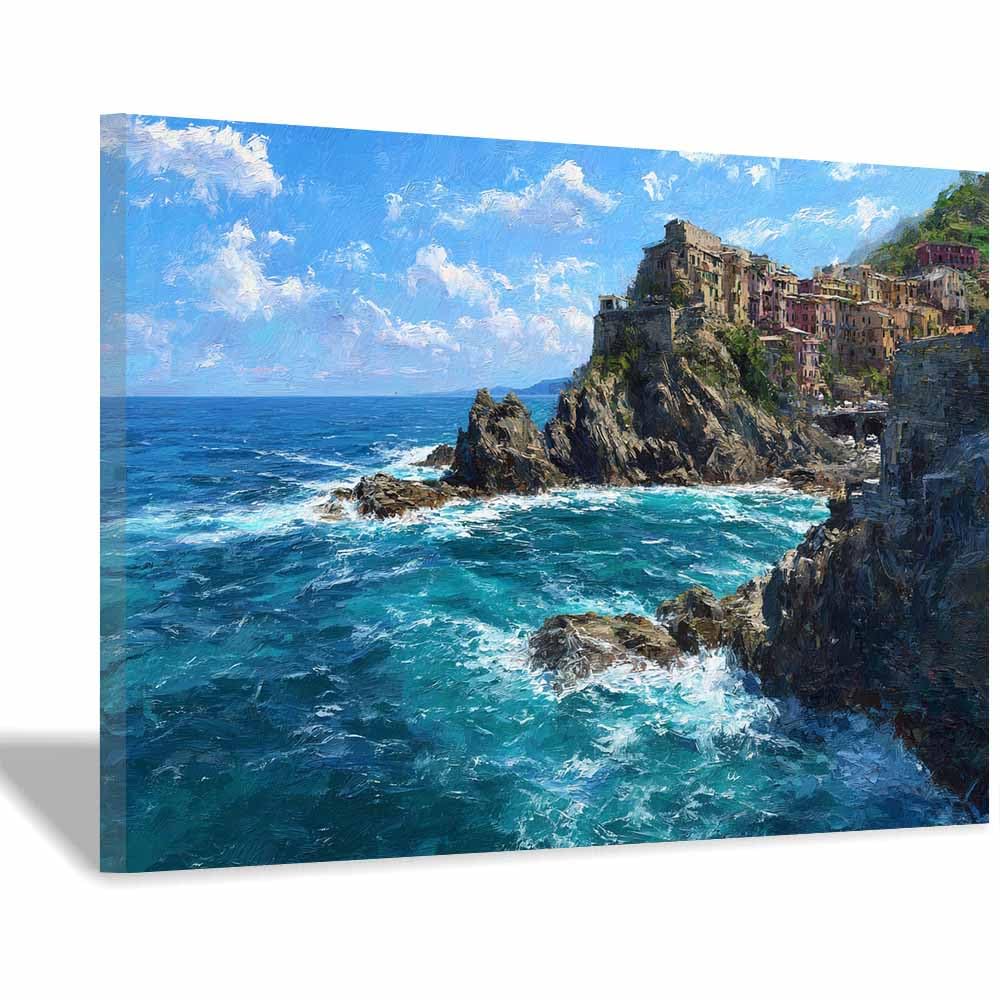 HUYEEI Landscape Wall Art Villages on the Cliff Modern Canvas Print On Artwork, Suitable for living room, bedroom, for Kids Room Decoretc.(blue)-70x100cm Framed
