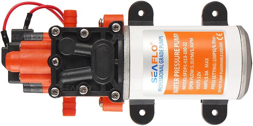 Top view of the Seaflo Series 22 Diaphragm Pump showing electrical wires and hose connections