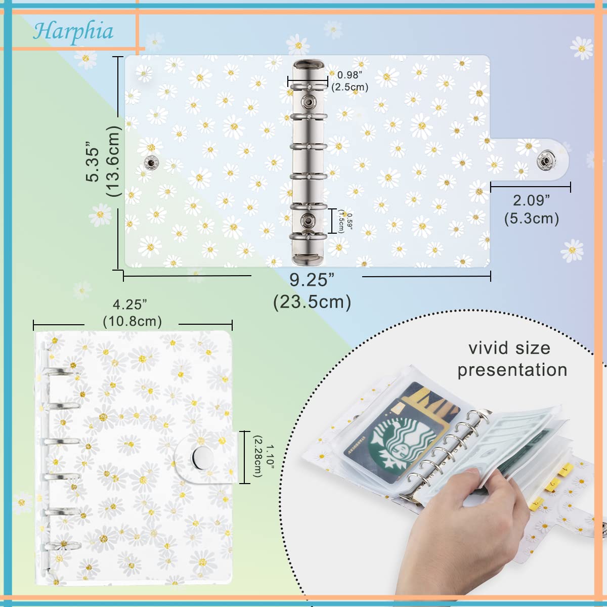 Segregator A7 14 x 10 cm, planer dzienny, przezroczysty z notesem Daisy Binder, z kieszeniami x 8, linijka PCW x 1, wkład do rachunkowości x 45, pisak x 1, naklejka z etykietą x2, Harphia NPNB-139NA7