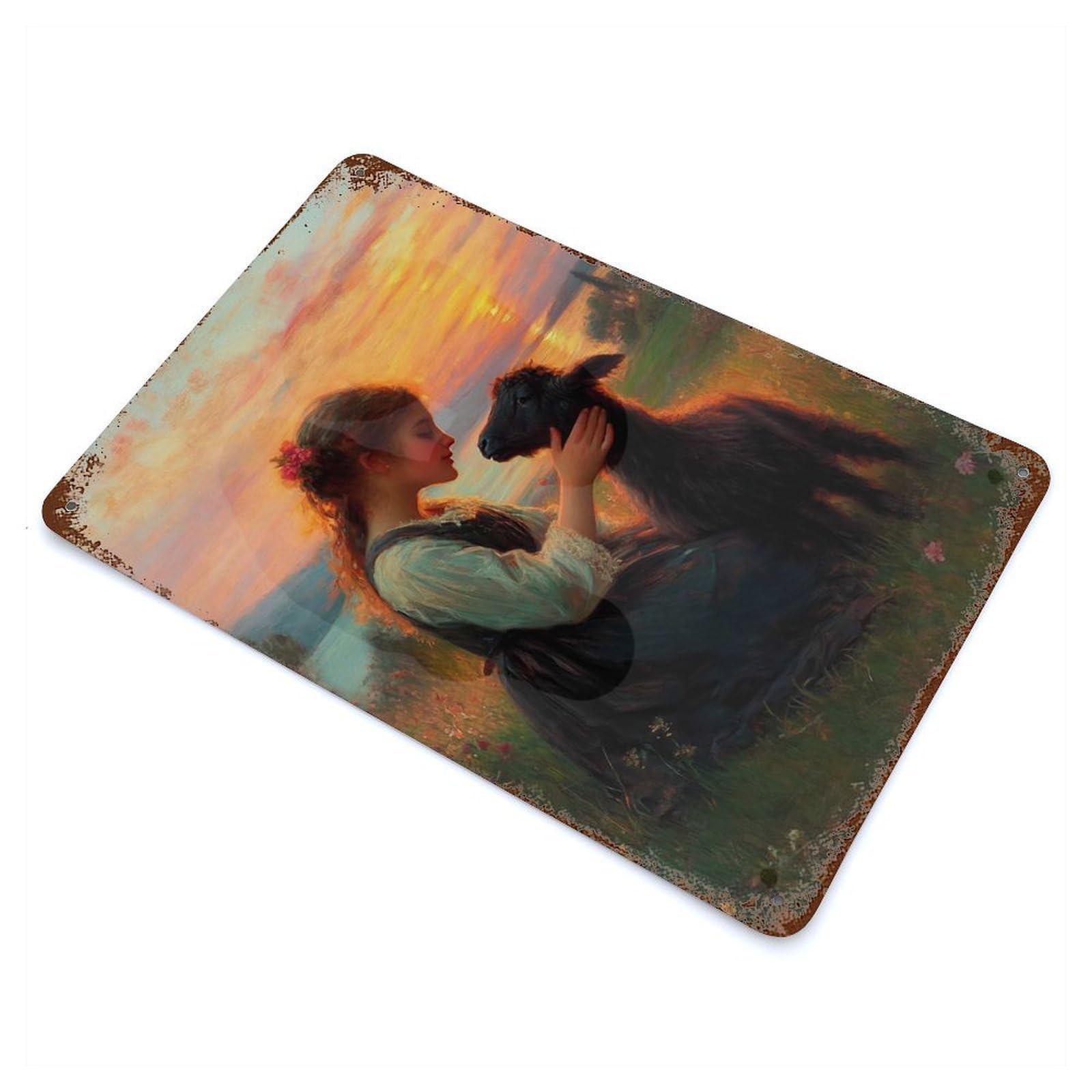 Girl And Lamb at Sunset Vintage Rust Metal Sign 11.8"x7.9", Farmhouse Wall Decor for Garage, Pub Or Kitchen