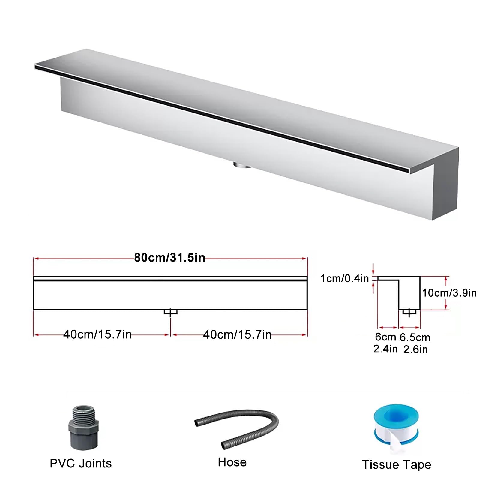 Fontana a cascata per piscina in acciaio inox cascata fontana da giardino kit cascata 80 cm/31,5 pollici design argento