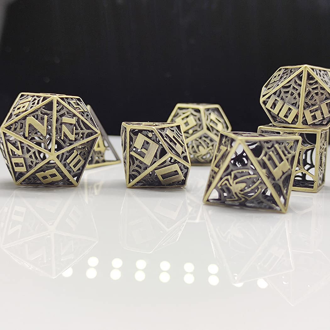 LANGWEI Jeu De Dés en Métal D&D, 7 Pièces De Dés en Polyèdre Métallique Creux en Araignée pour Jeu De Donjons Et Dragons, Jeu De Table, TRPG, Jeux De Dés De Rôle, Cadeaux Créatifs