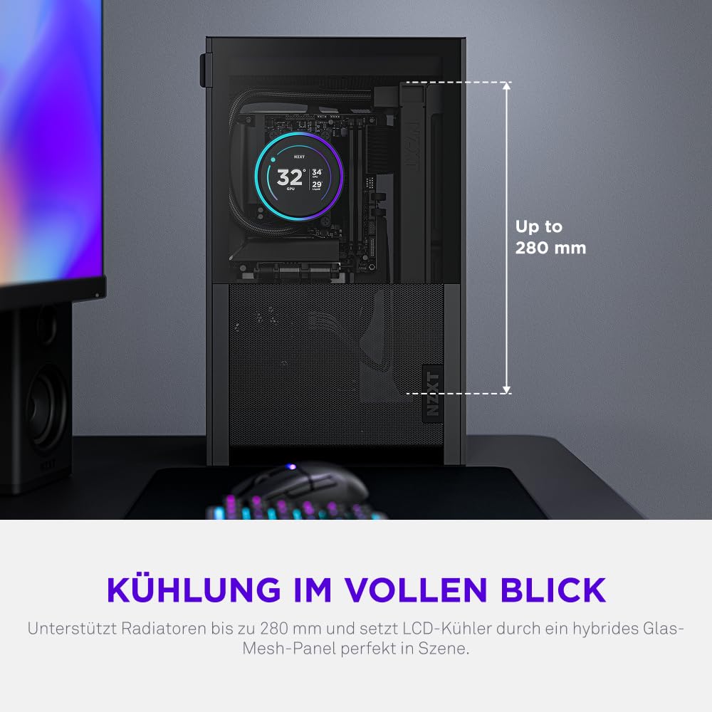 NZXT H2 Flow – Mini-ITX 20,7L High-Airflow PC-Gehäuse – Inkl. 2 x 120-mm-Lüfter Oben & PCIe 5.0-Riser Cable– 331-mm-Grafikkarte – 280-mm-Radiator – Schwarz