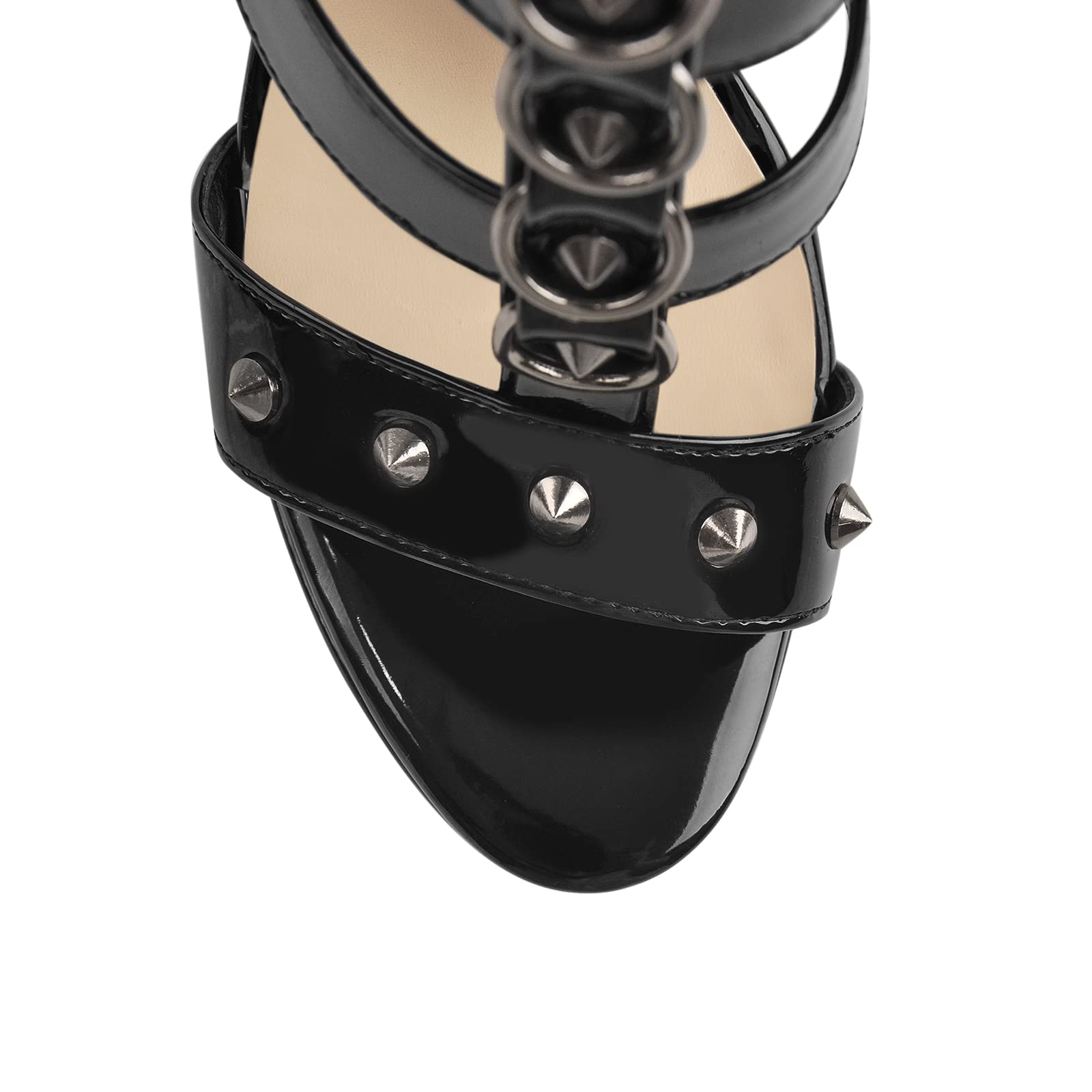 Only maker Sandalo da donna con tacco alto e plateau, con borchie effetto laccato, nero