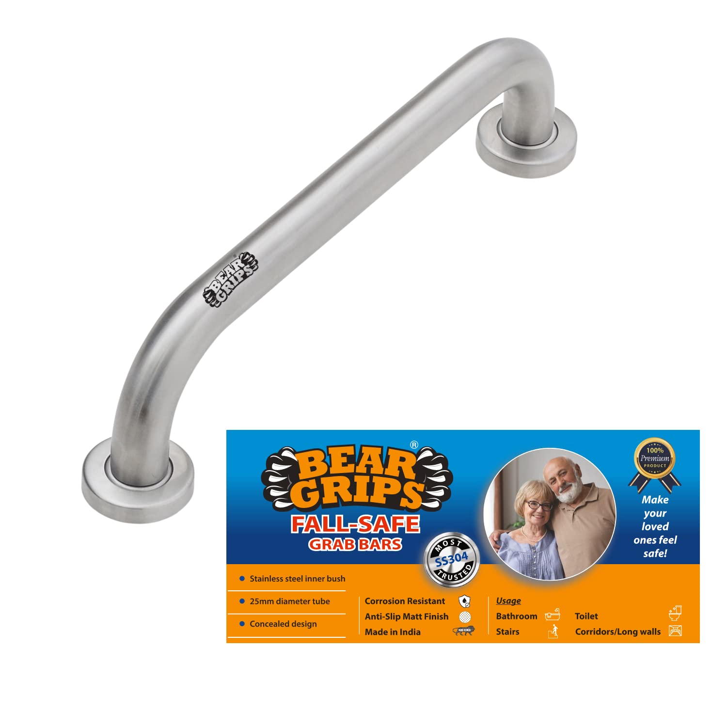 BEAR GRIPS Fall-Safe 304 Stainless Steel 25mm Anti-Slip Grab bar for Toilet and Bathroom handrailing and Safety Handle for Elderly Senior Citizens – 20 cm/ 8-Inch - Pack of 2 (B0BNT7TZ3F) Amazon Price History, Amazon Price Tracker