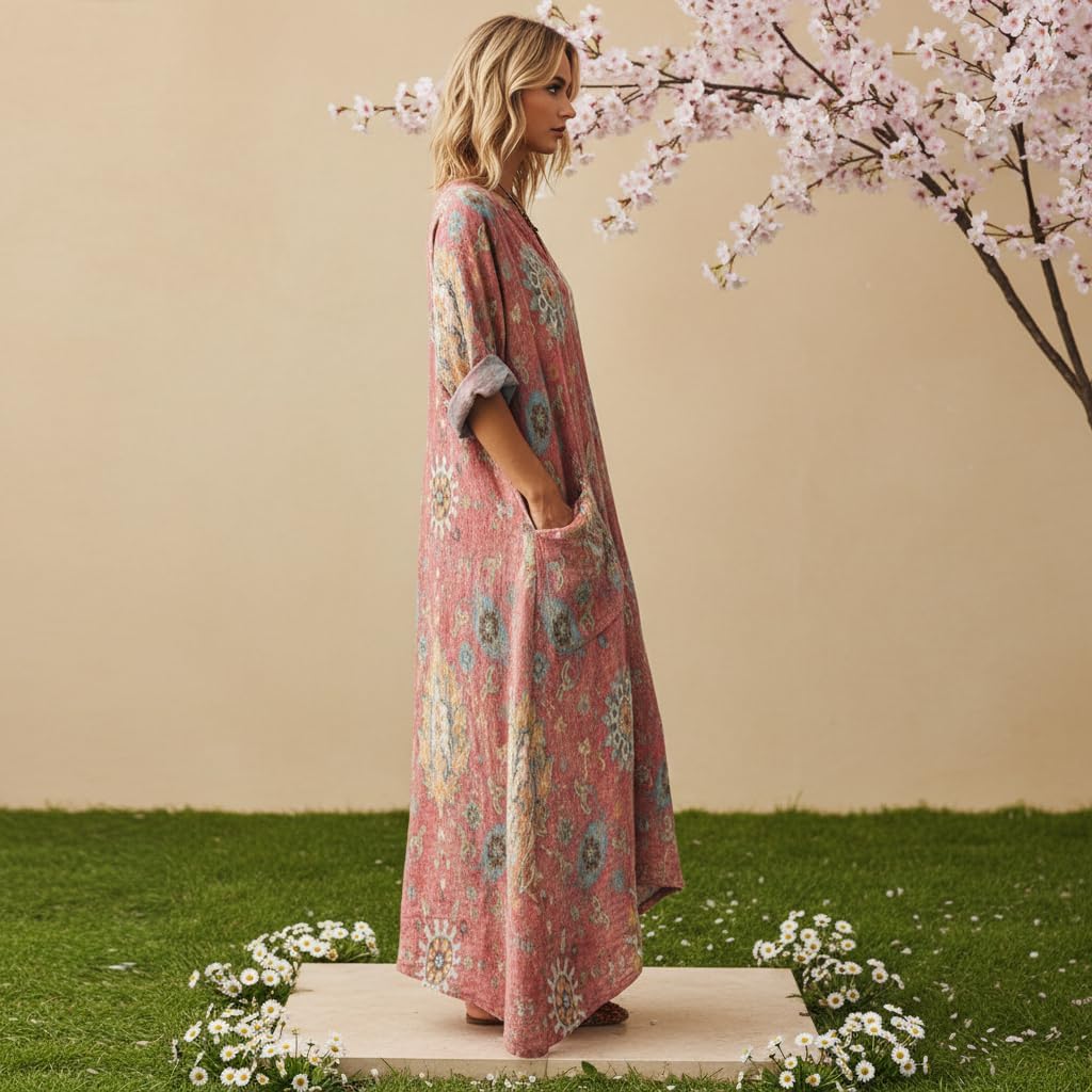 TIAFORD 2026 Spring Summer Boho Floral Printed Linen Maxi Dress V Neck Batwing Sleeve Oversized Kaftan Dresses with Pockets - Image 2