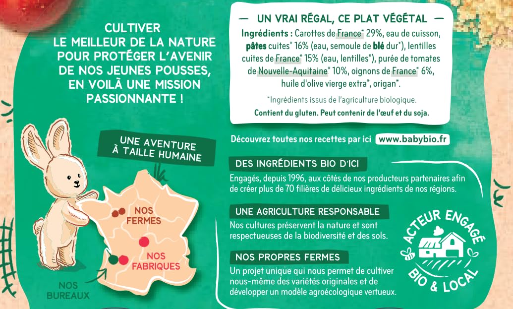 BABYBIO - Petits pots - Pâtes bolognaises végétales - Carottes Lentilles Tomates - 8+ mois - 2 x 200g - BIO - Lot de 6