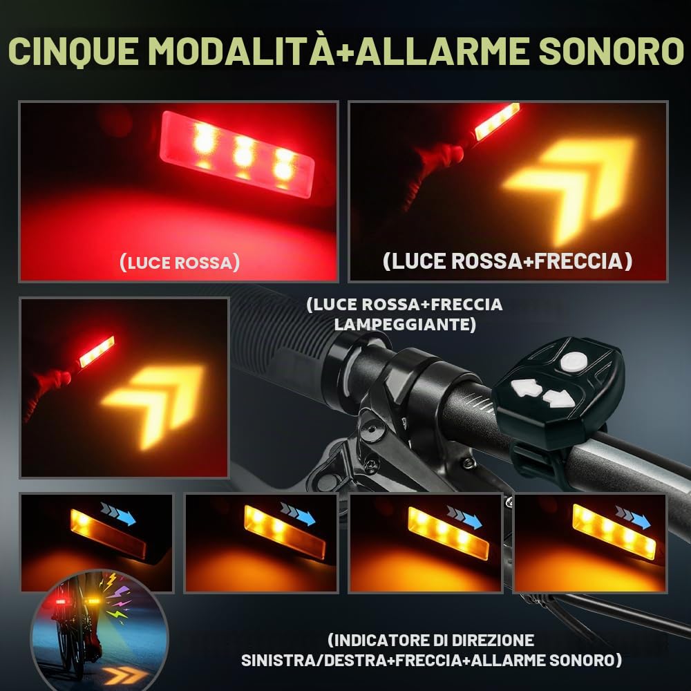 Luce Posteriore Bici con Indicatore di Direzione Ultra Luminoso, 5 modalità-Allarme Acustico Wireless Fanale Posteriore Bicicletta 30 LED IPX4 Impermeabile Ricaricabile USB Luci Bici