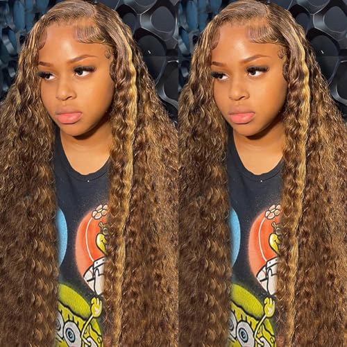 Image of bangjazz 22 Inch Highlight Ombre Lace Front Wig Human Hair Deep Wave 13x4 HD Lace Frontal Wigs Human Hair 180% Density P4 /27 Colored Curly Wigs for Women Human Hair Glueless Pre Plucked Wig
