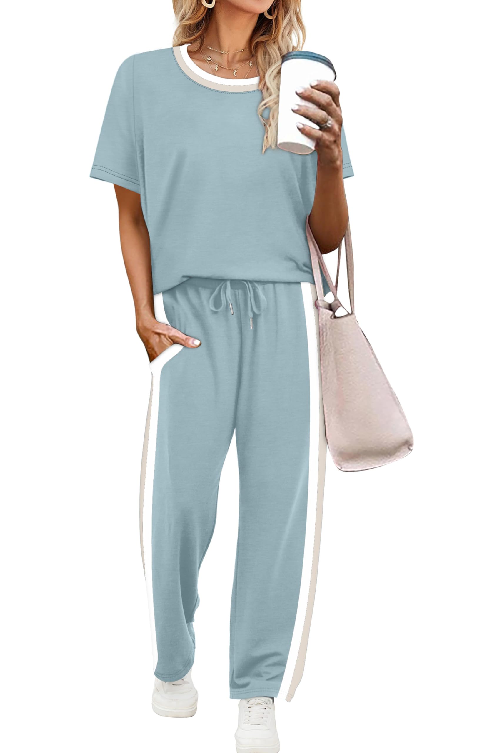 2 Piece Lounge Sets for Women Matching Set Summer Outfits Short Sleeve Tops Wide Leg Pants with Pockets