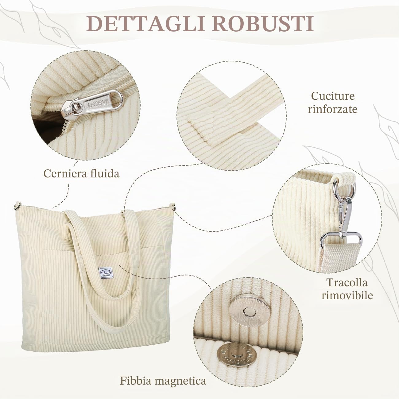 VASCHY Tote Bag, Borsa Donna Grande Borsa Università Donna Velluto a Coste Borsa Mare Borsa da Viaggio/Shopping/Lavoro/Ufficio/Scuola Regalo di Natale