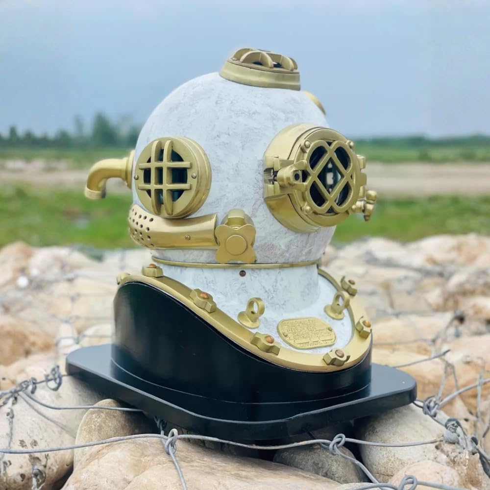 Mark V US Navy Style Diving Helmet, White with Brass Accents, Nautical Maritime Decor, Steampunk Design with Black Display Base, 18 Gauge Steel