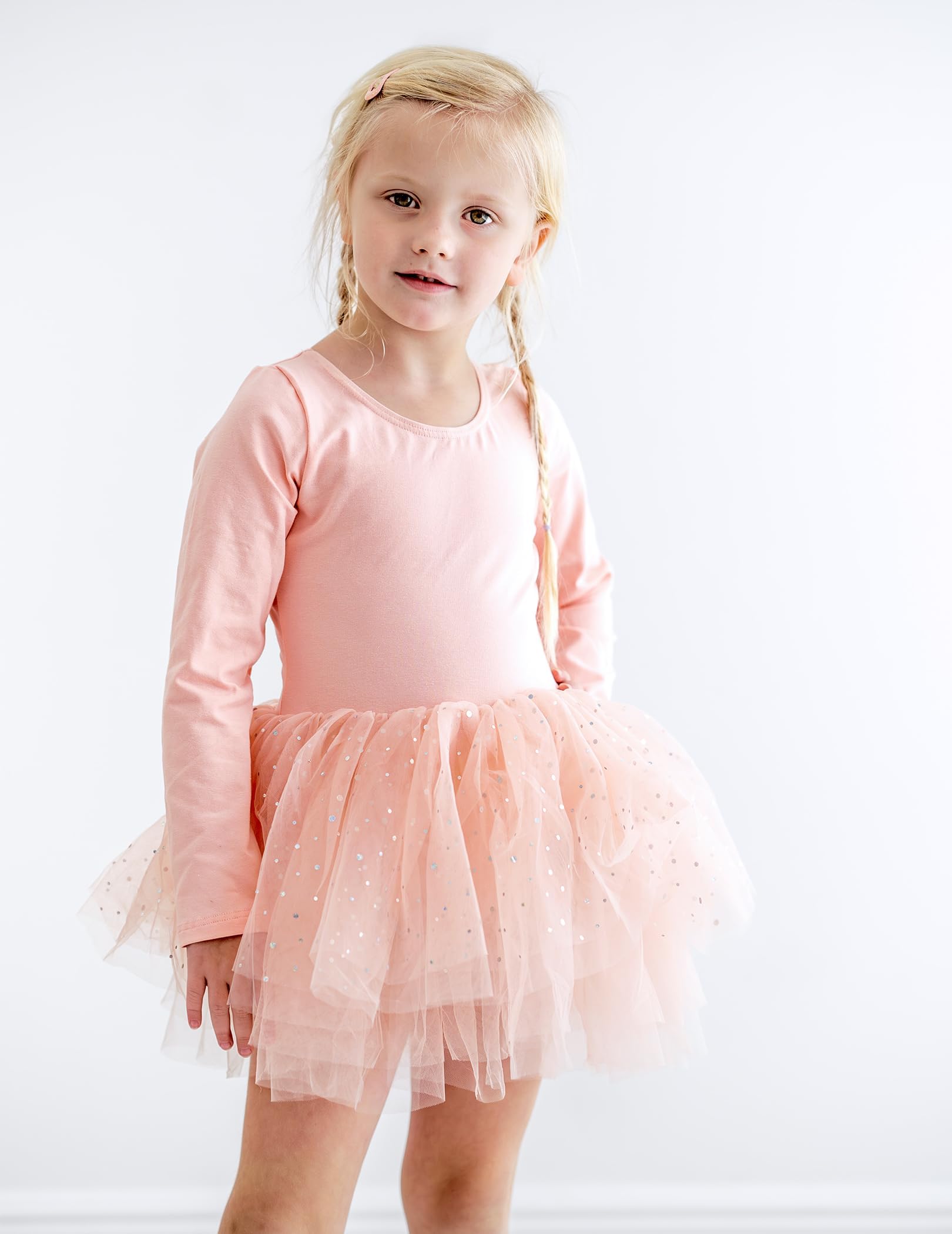 Arshiner Vestido de Tutú de Ballet para Niñas Malla de Manga Larga Traje de Baile de 4 Capas con Falda Brillante Traje de Ballet, Ropa de Baile para Edades de 2 a 11 años