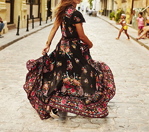 R.vivimos Women's Summer Vintage Floral Print Deep V Neck High Low Long Dresses (Medium,Black) #TOP1