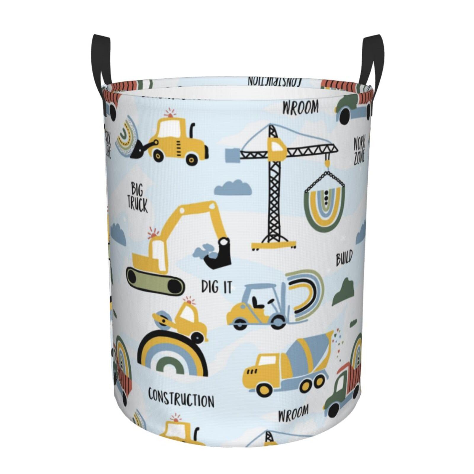 Construction Trucks Vehicles Cartoon Laundry Hamper with Durable Handle Waterproof Collapsible Laundry Basket Round Storage Bin Dirty Clothes Bag for