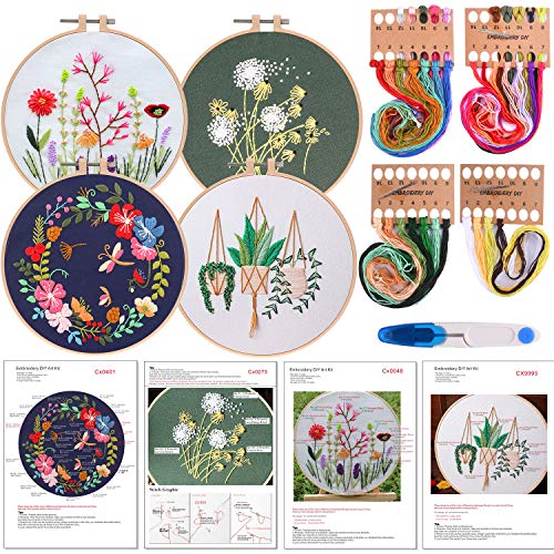 FEPITO 7 Pcs Embroidery Starter Kit with Pattern and Instructions Cross Stitch Kit