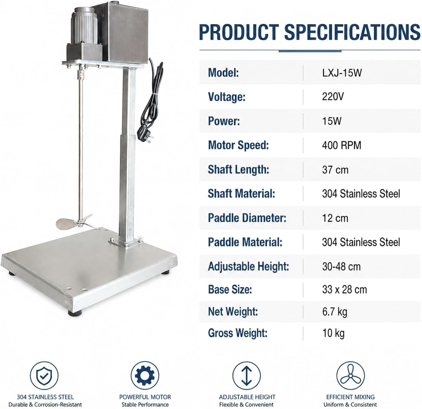 Miscelatore Elettrico per Vernici Regolabile con Albero in Acciaio Inox 304, Altezza 30-48 cm, Base Stabile per Uso in Officina e Laboratorio.