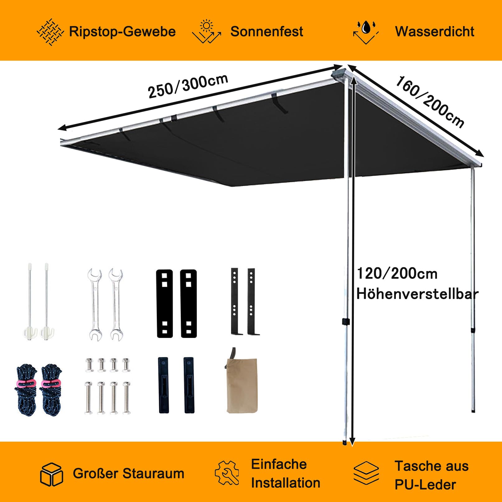Ausziehbarer Dachträger-Sonnenschutz, PU5000 mm Einziehbare Auto-Seitenmarkise mit Aufbewahrungstasche, Wetterfestes UV50+ Vorzelt Wohnwagen mit Tragetasche (Size : 160x250cm/5.2x8.2ft)
