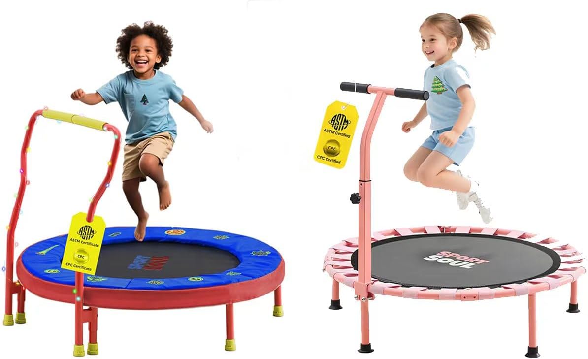 SPORTSOUL Mini Trampoline for Kids 3-6 with Super Safe Foam Handle Bar, 3ft Toddler Trampoline Indoor with No-Gap Cover for Indoor and Outdoor