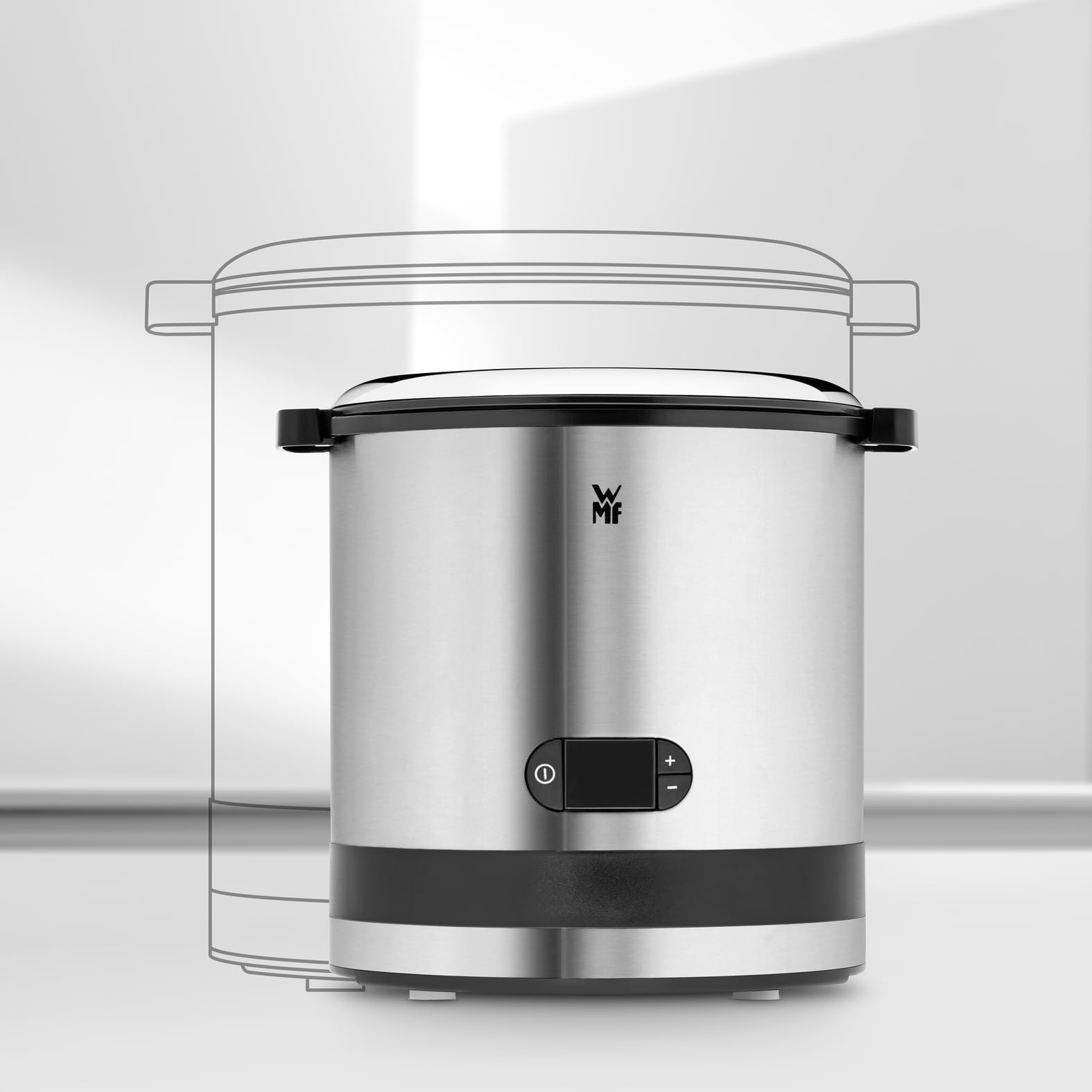 WMF Kitchenminis - Heladera 3 en 1, yogur helado, sorbete, helado, 12 W, pantalla cristal, función contador, incluye cuchara de helados, 300 ml, acabados acero inoxidable cromargan mate