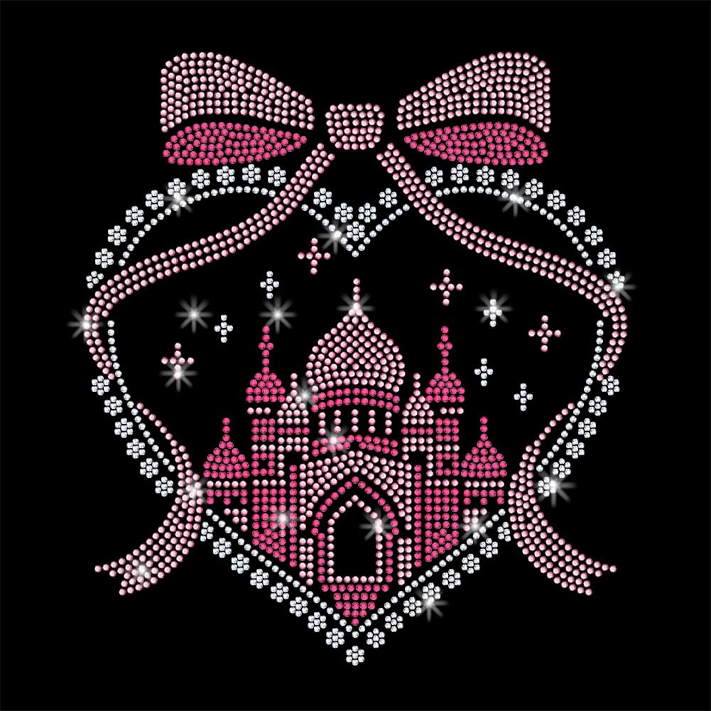 GOMAKERER 1 Pc Castle Heart Iron on Rhinestones Transfer, Pink Bow Hot Fix Iron on Patch Transfer Decals Crystal Heat Transfer Clothing Repair Decor for T-Shirt Jeans Jacket Party Decor