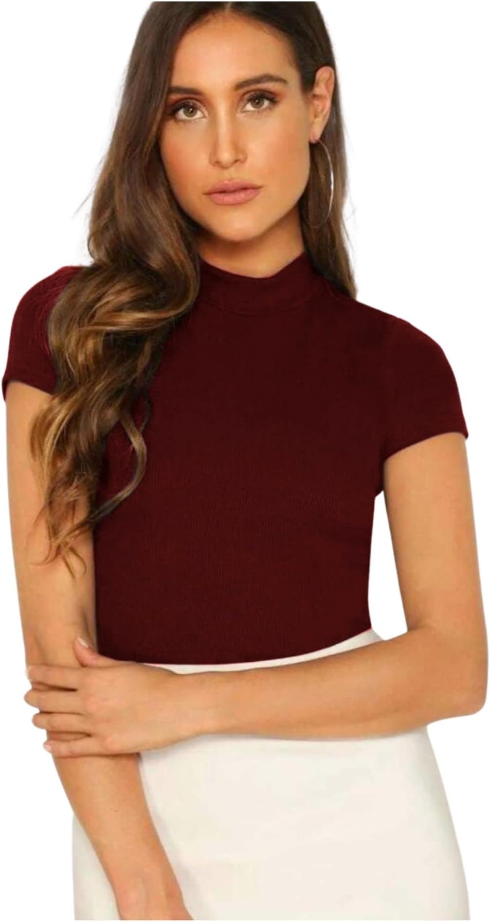 Dream Beauty FashionWomen's Half Sleeve Round High Neck Top Elegant Casual Tee - 23" Inches(Tripta-1)