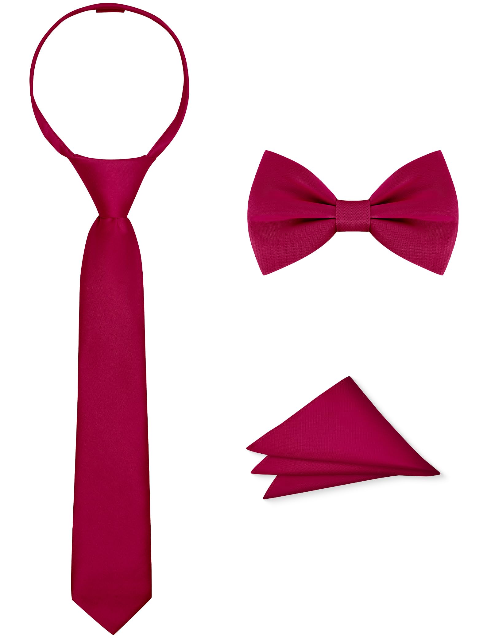 Boys Tie Set, Bow Tie &amp; Pre-Tied Zipper Necktie, Pocket Square