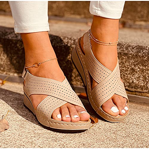 Women's Comfortable Wedge Sandals Ladies Orthopedic Sandals Platform Vintage Open Toe Soft Wide Fit Summer Sandal Casual Beach Shoes,Beige,US6/EU372