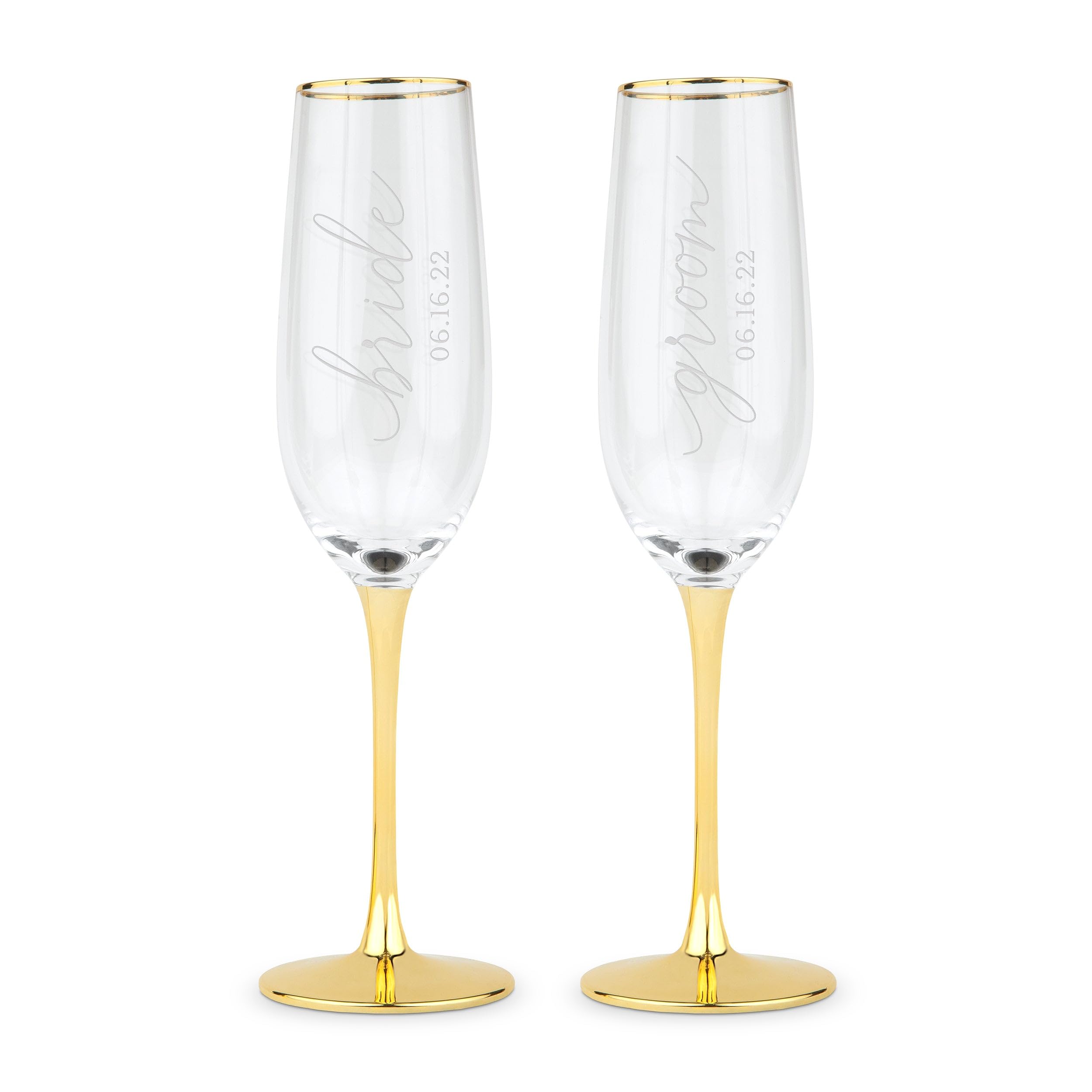 WEDDINGSTAR Customizable Gold Accented Champagne Flutes - Bride & Groom - Set of 2