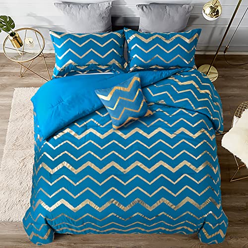Teal Blue Comforter Set Queen, Metallic Print Gold Glitter Bedding Set Luxury Bed Sets For Men Women, 4 Piece (2 Pillowcases, 1 Decorative Pillow Sham) #TOP2