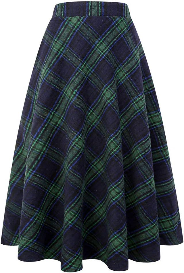 IDEALSANXUN Womens Plaid Wool Skirts Elastic Waist A-Line Pleated Tartan Long Skirts