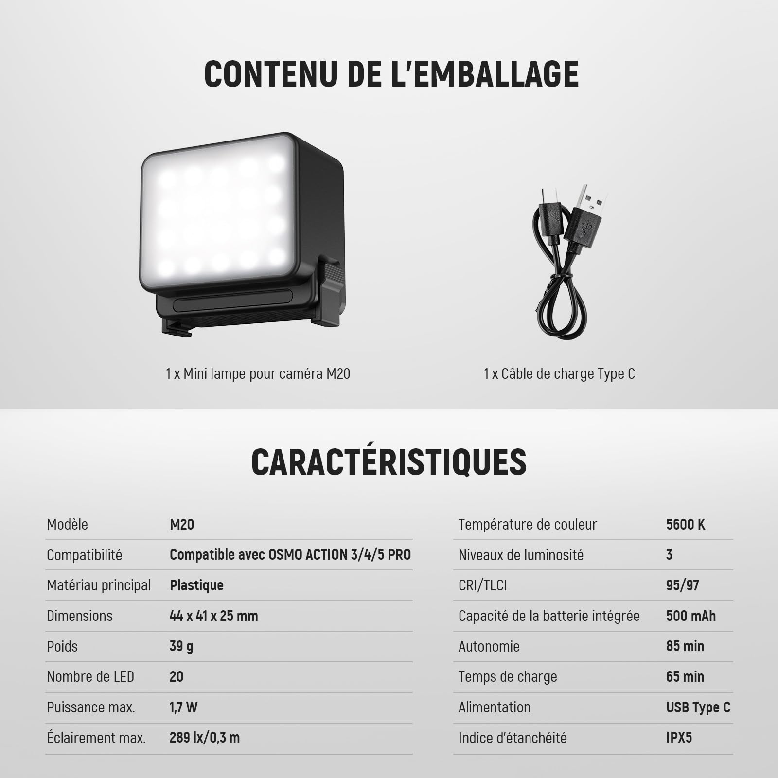 NEEWER Basics M20 Lampe LED Magnétique pour Caméra Compatible avec DJI OSMO Nano Action 3 4 5 Pro Cage NEEWER AC009 Pro Pocket 3 Accessoires, Mini éclairage de Remplissage en Plastique 5600K CRI95+