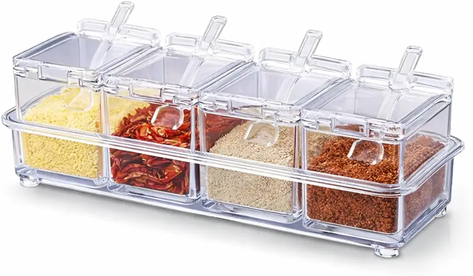 Porta Temperos Condimentos 4 Compartimentos Acrílico Transparente Colheres Incluídas