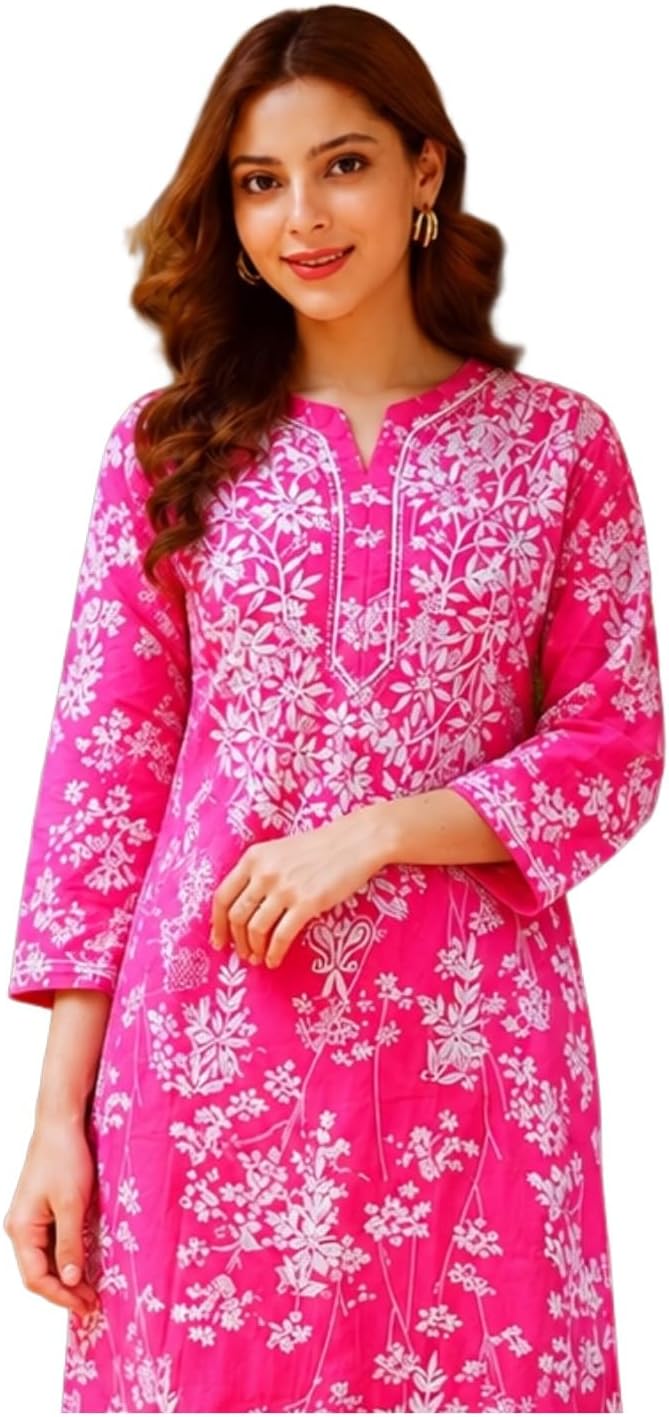 Women's Cotton Blend Chikankari Embroidered Straight Kurta