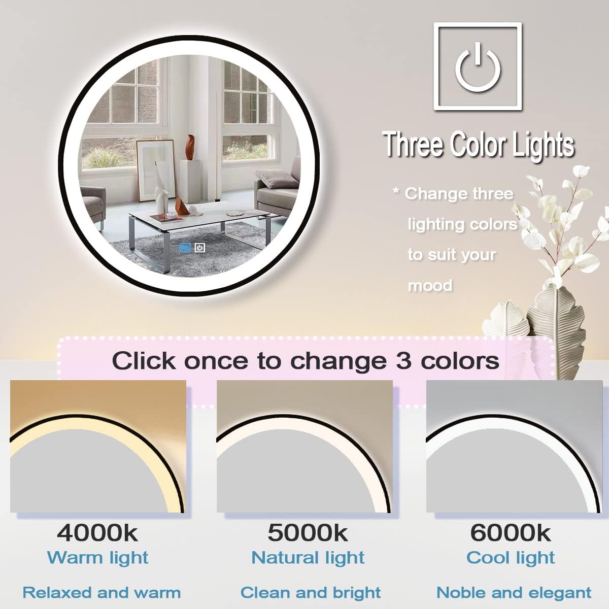 24 Inch Black Frame Round Lighted Mirror for Bathroom Salon Wall Black Round LED Vanity Mirror with Lights 3 Color Adjustable Brightness AntiFog 24" BlackFramed Circle Smart Light up Mirrors