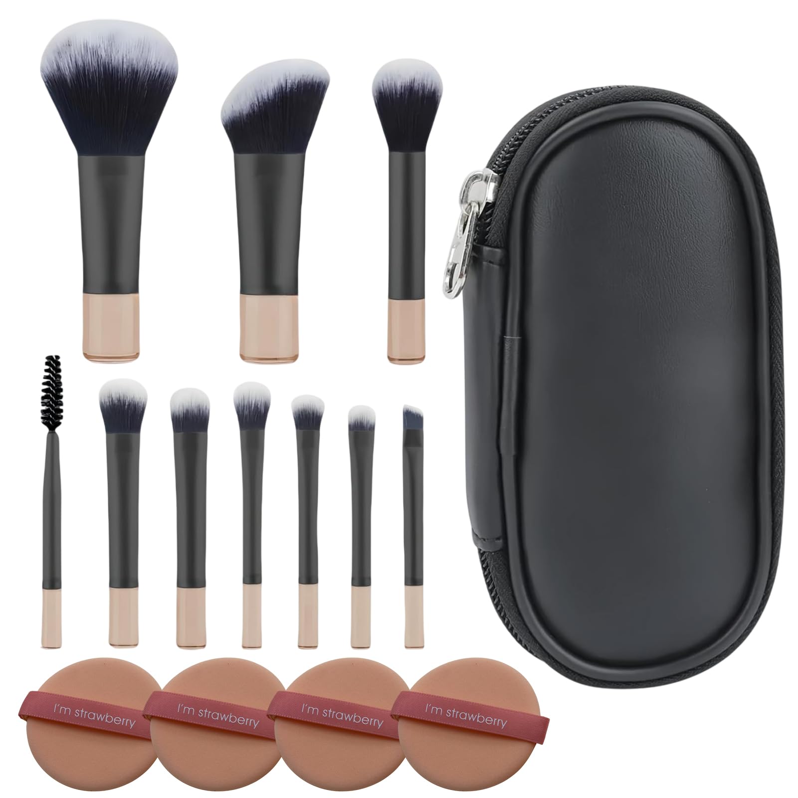 Set di 10 pennelli da trucco da viaggio, portatili, formato da viaggio, mini pennelli da trucco con custodia e 4 spugnette per cipria, pennelli cosmetici professionali per fondotinta, correttore