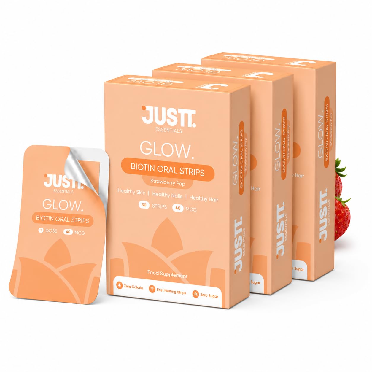 JUSTT ESSENTIALS Glow Biotin Oral Strips for Healthy Hair, Radiant Skin & Strong Nails | Pack of 3 | 10,000 mcg Sesbania Extract | Strawberry Pop Flavour | Sugar-Free Fast Dissolving Vegan Strips-image-20