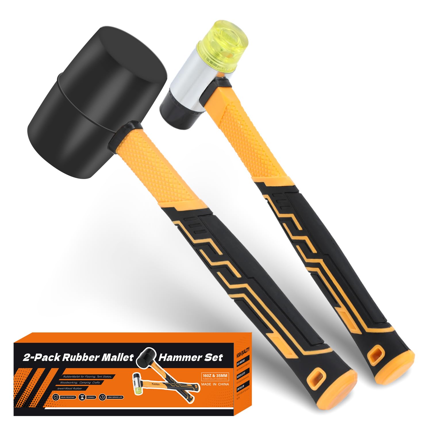 2-Pack Rubber Mallet Hammer Set, 16oz &amp; 35mm Tool for Flooring, Tent Stakes, Woodworking, Camping, Crafts, Jewelry Wood，Fiberglass Shockproof Cushioned Grip, (16OZ 35MM Rubber Hamme)