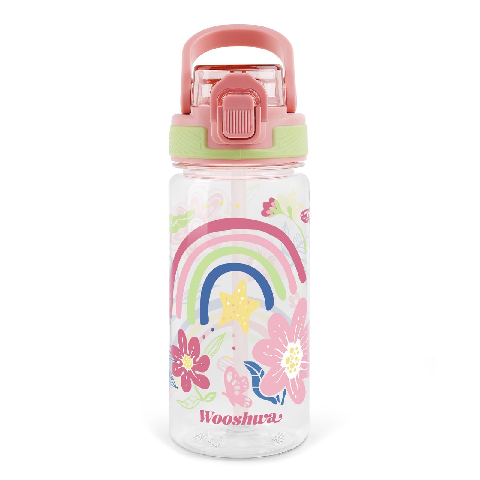 wooshwa Kids Water Bottle for School, 16 Oz Plastic Water Bottle with Silicone Spout and Pop-Up Cover, BPA Free & Dishwasher Safe (Flower) โ image 1