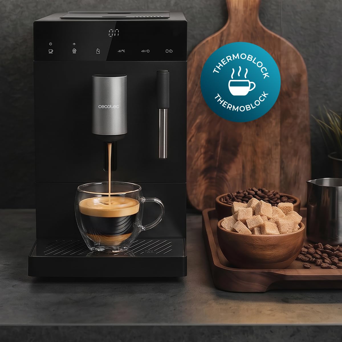 Cecotec Macchina da Caffè Superautomatica Compatta con Montalatte Cremmaet Compact Elite. 1350W, 19bar, Sistema Thermoblock, Contenitore Caffè in Grani 120 g con Macinacaffè e Serbatoio 1,1L
