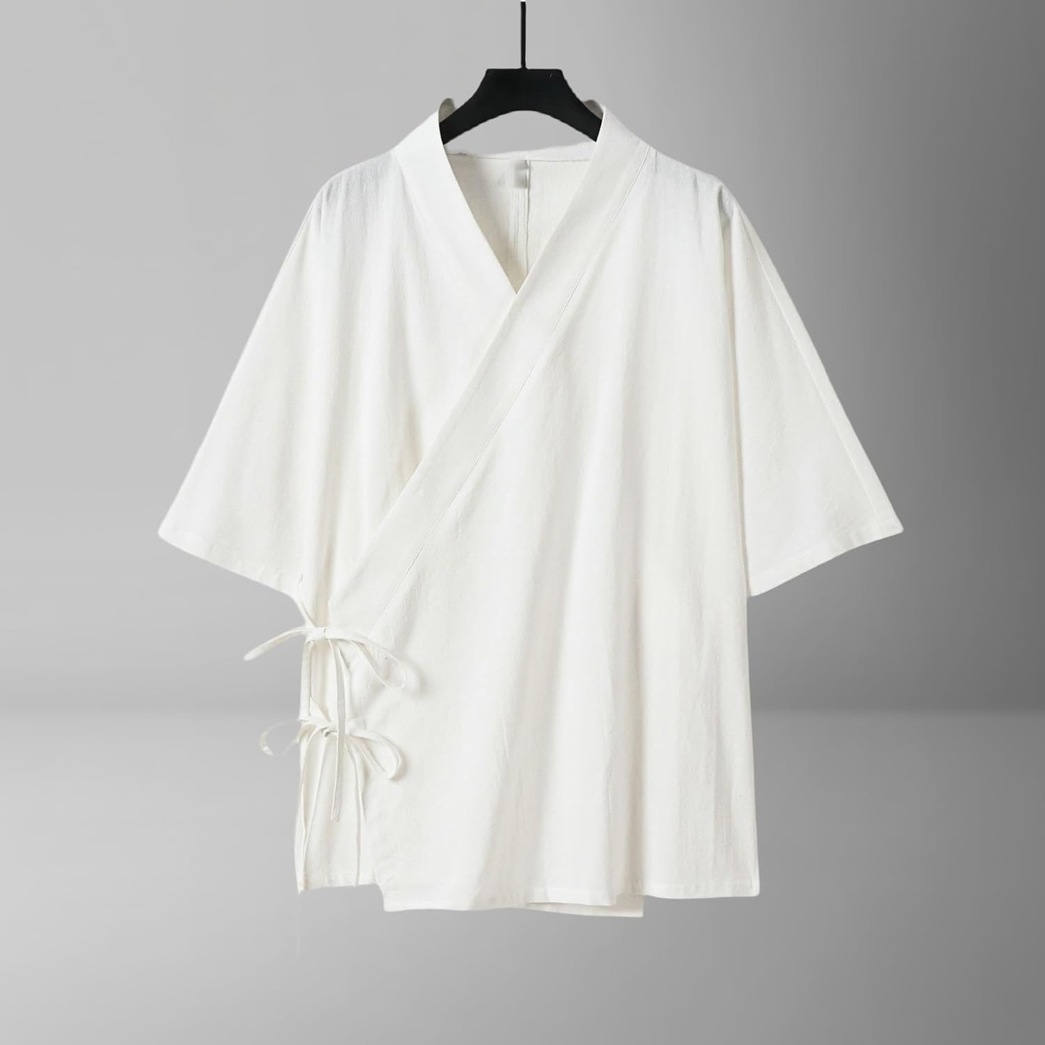 Men's Chinese Style Cotton Linen Three Quarter Sleeve Oblique Placket Costume Traditional Stand Collar Loose Fit