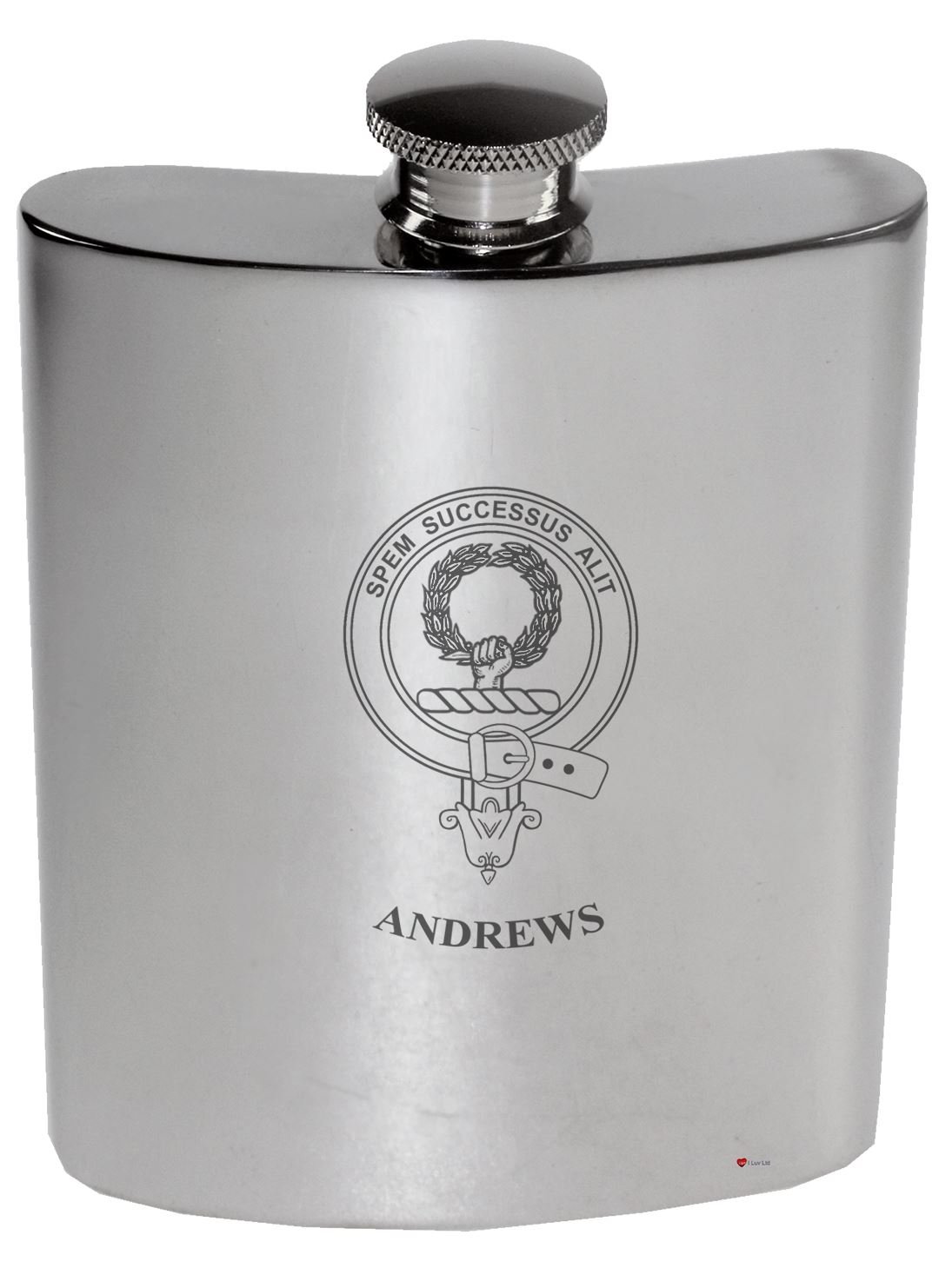 Flacon de Rein Hip Flask Andrews d'Élite en Étain Poli Gravure Héraldique