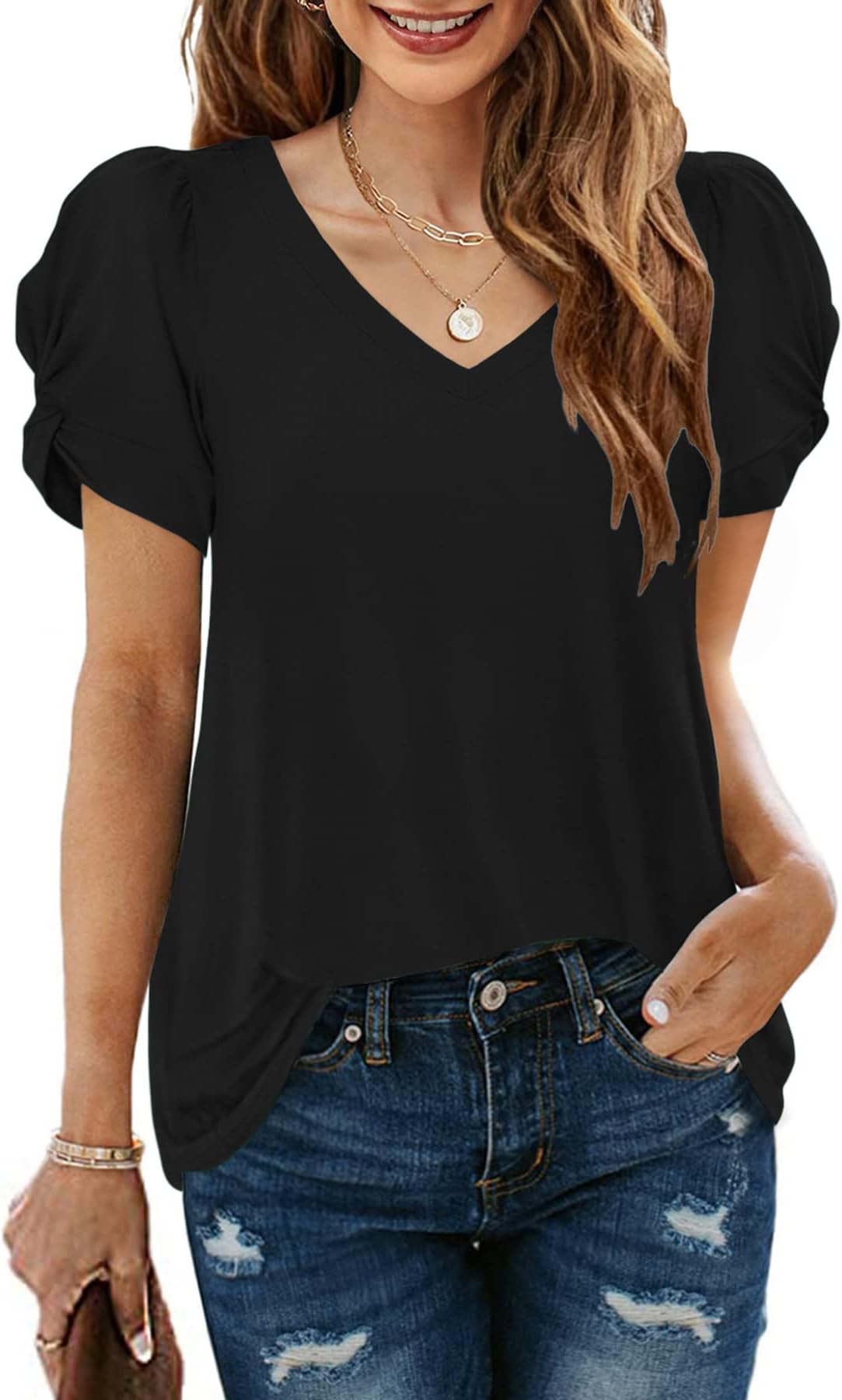 Women's V Neck Summer Tops Twist Puff Sleeve Short Sleeve T Shirts Dressy Casual Comfy Soft Tunics Loose Fit