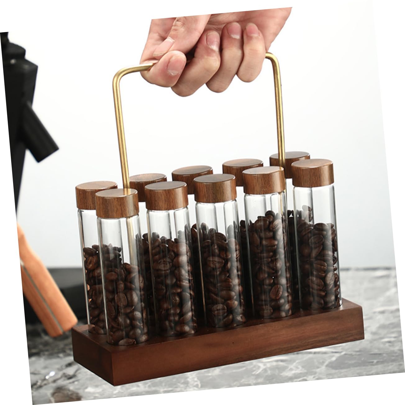 SHOWERORO Glas-kaffeebohnen-fläschchen Mit Deckel Und Holz-präsentationsständer Zur Aufbewahrung Von Kaffeebohnen Tee Süßigkeiten Und Gewürzen