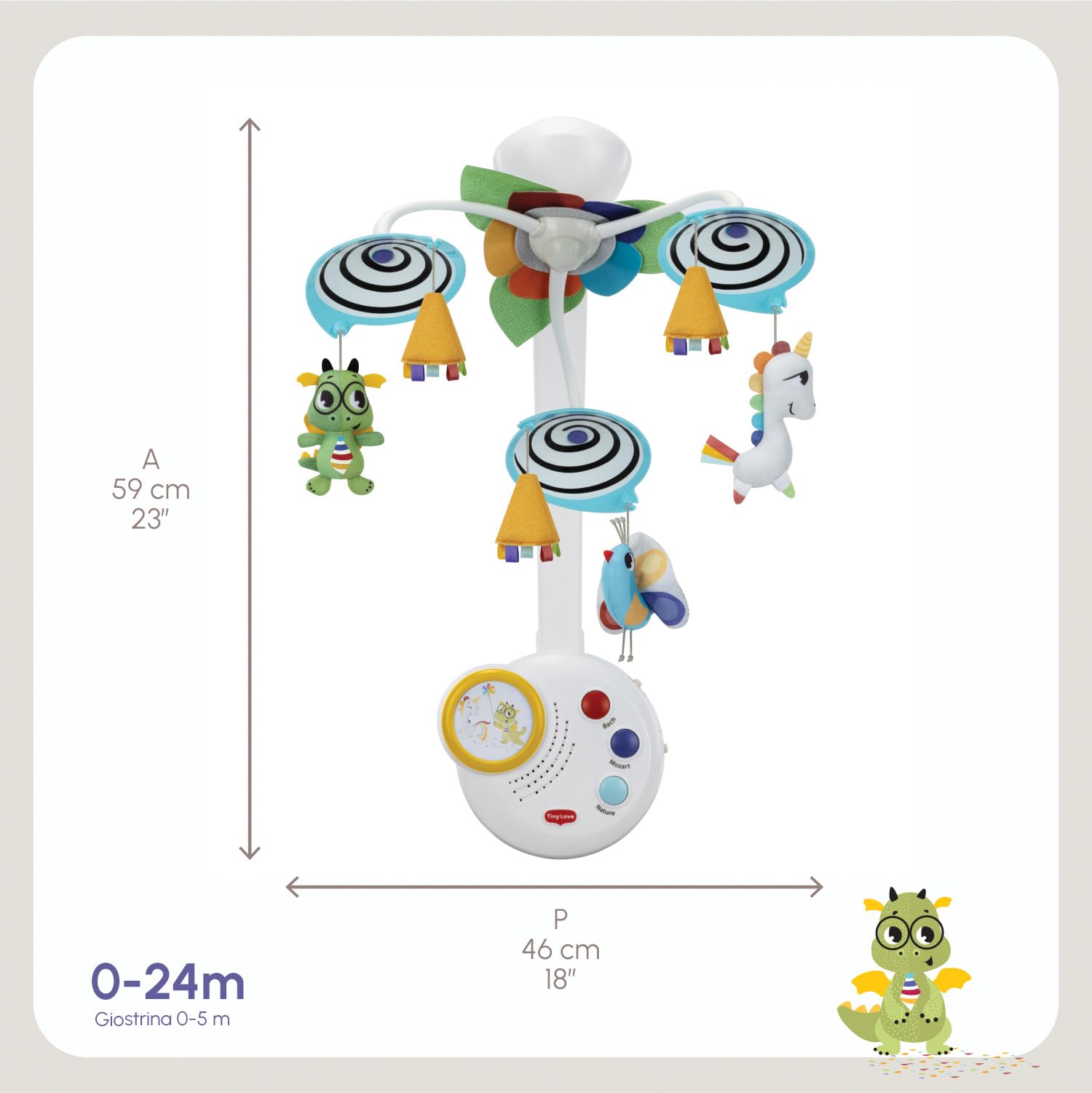 Tiny Love Classic Mobile, 2 in 1 Giostrina Culla Neonato, 0+ Mesi, Giostrina Neonato, Stimolazione visiva, Accompagna il Bambino Nella Crescita, 20 minuti di Musica Ininterrotti, Born To Party