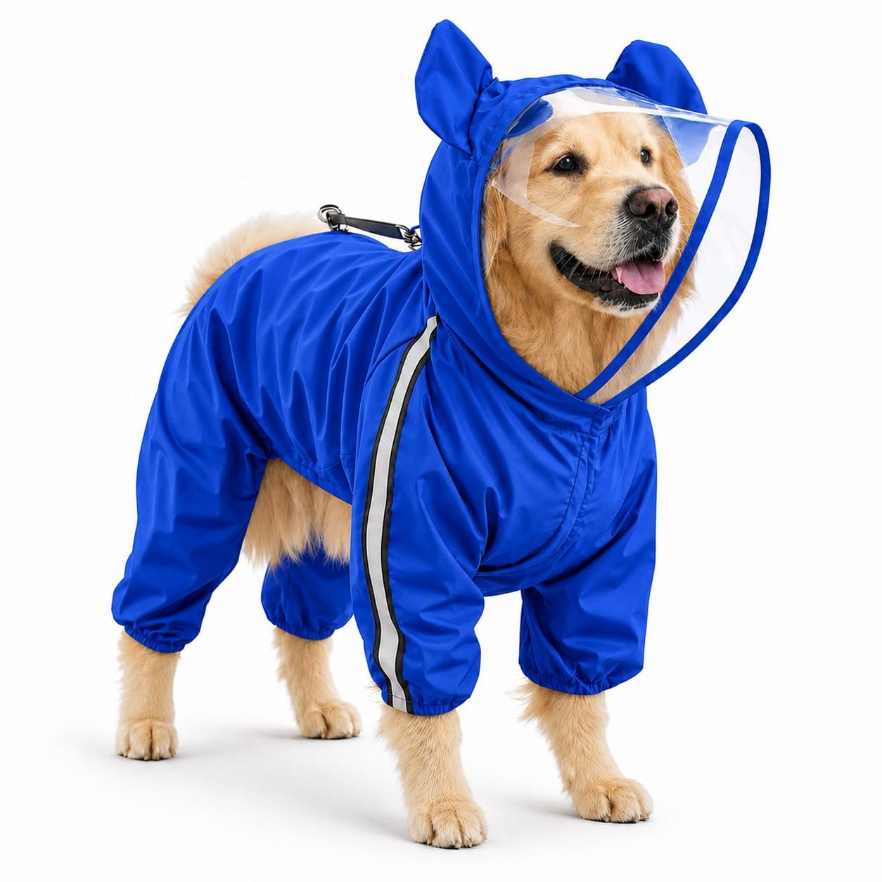Full Body Dog Raincoat Blue with Hood & Transparent Face Shield | Waterproof Pet Rain Suit | Leash Hole, Reflective Strip | Adjustable Rain Jacket | All Weather Protection Rainwear (Large)-image-34
