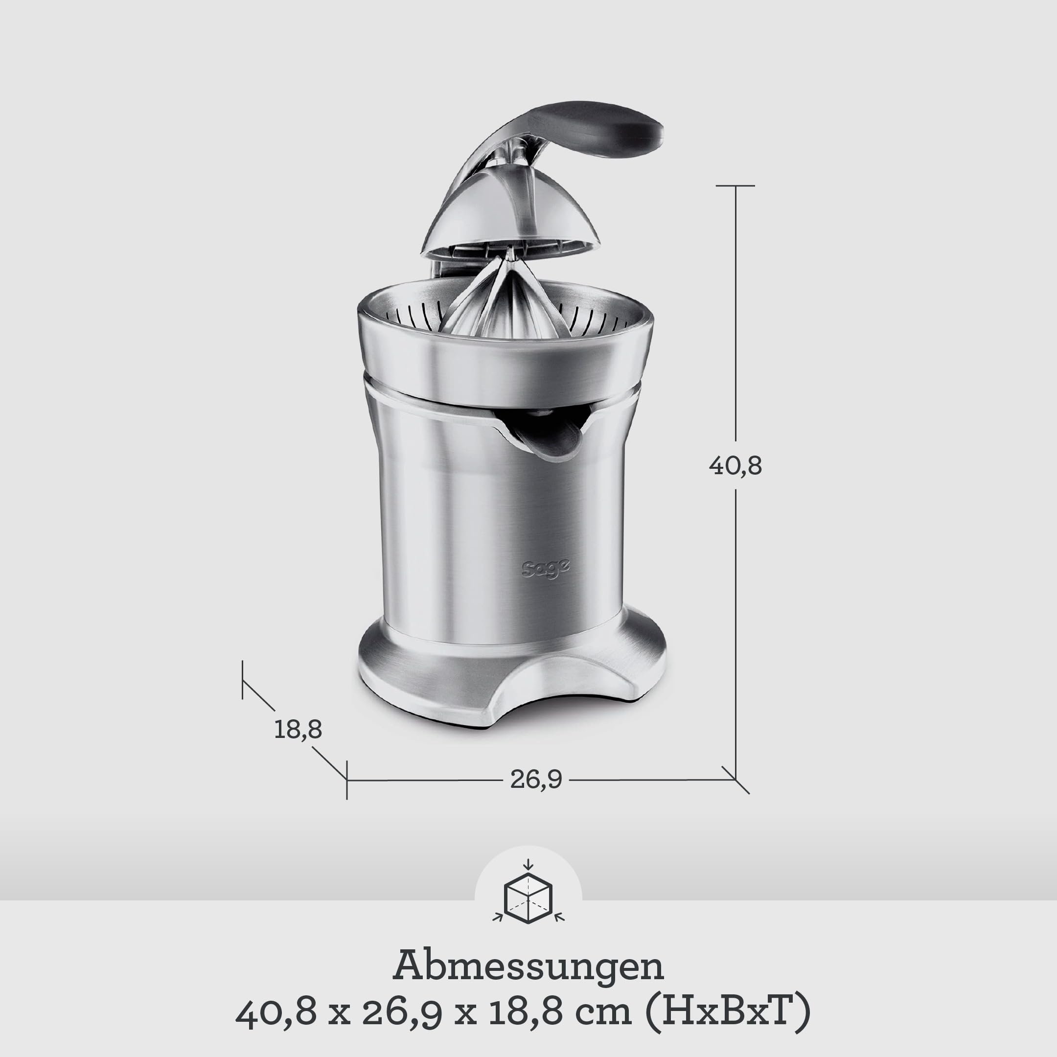 Sage - The Citrus Press Pro - Elektrische Zitruspresse - Saftpresse mit Tropfstopp-Ausguss und Einfach zu Reinigendem Kegel - Gebürstetes Aluminium