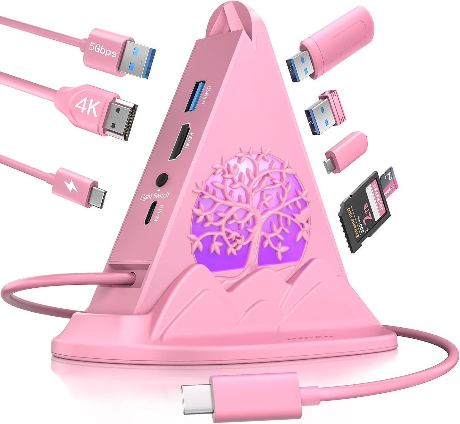 Pink USB C Hub, 8-in-1 USB C Multiport Adapter with 4K@30Hz HDMI, 100W Power Charging, 5Gbps Type C, 3 USB-A 3.0, SD/TF Slots& RGB Lighting, Pink Type C Hub for MacBook, iPhone17, iPad, XPS(Tree)