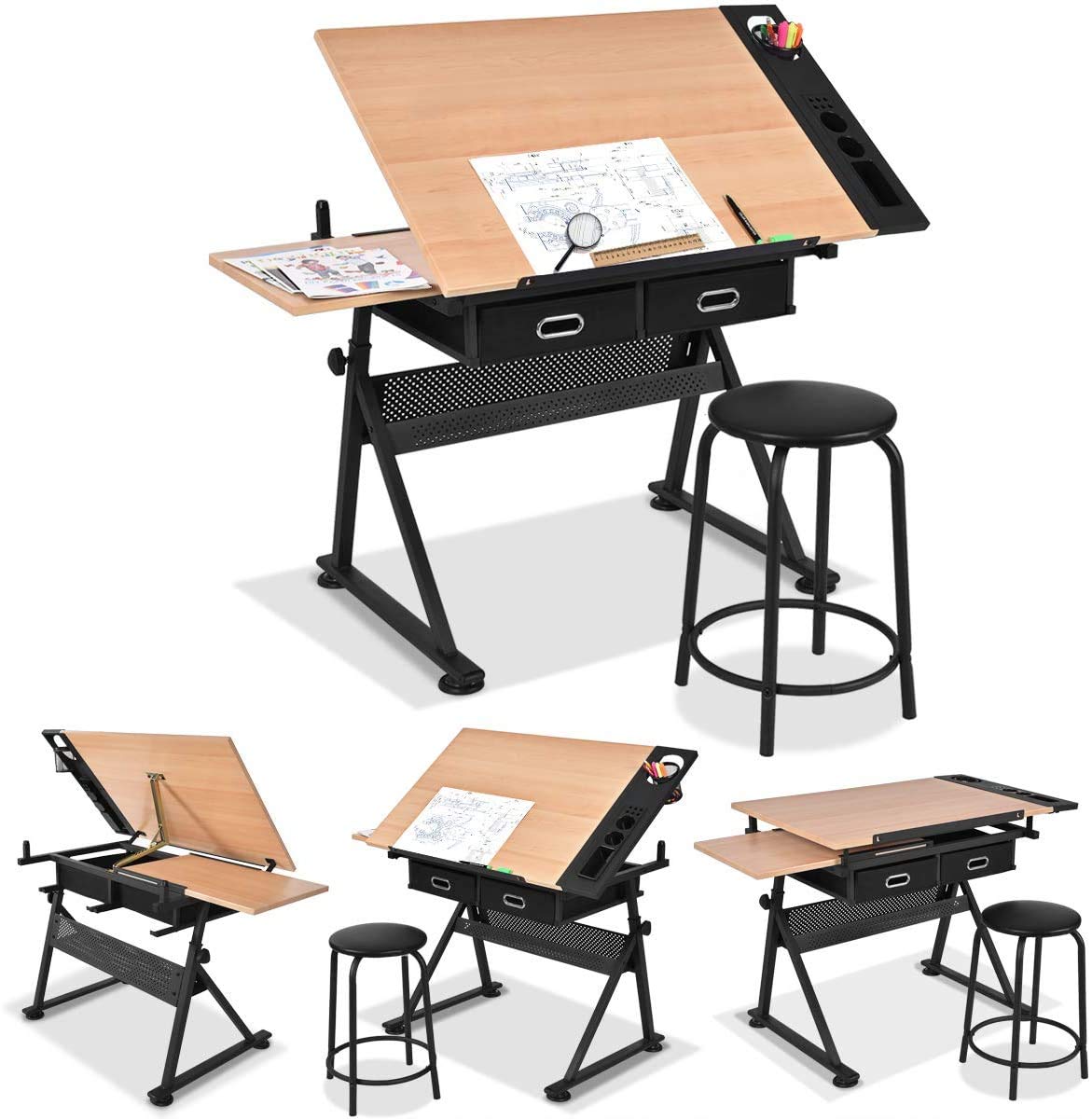 RELAX4LIFE Zeichentisch Höhenverstellbar Neigbar mit Schubladen & Hocker, 110 x 69,2 x 73,5-98 cm, Architektentisch mit Zwei Tischplatten, Professionaler Kunsttisch aus Holz